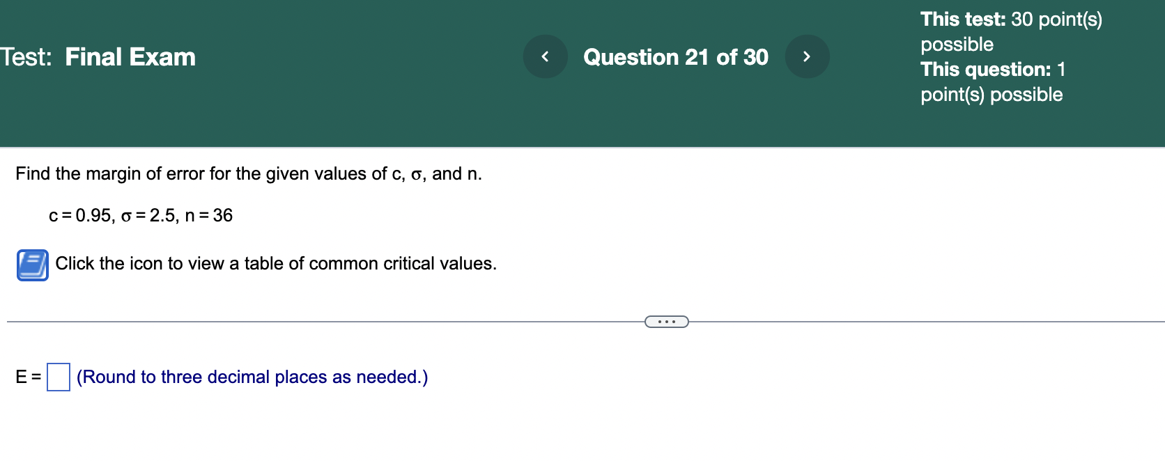  This test: 30 point(s) possible This question: 1 point(s) possible est: