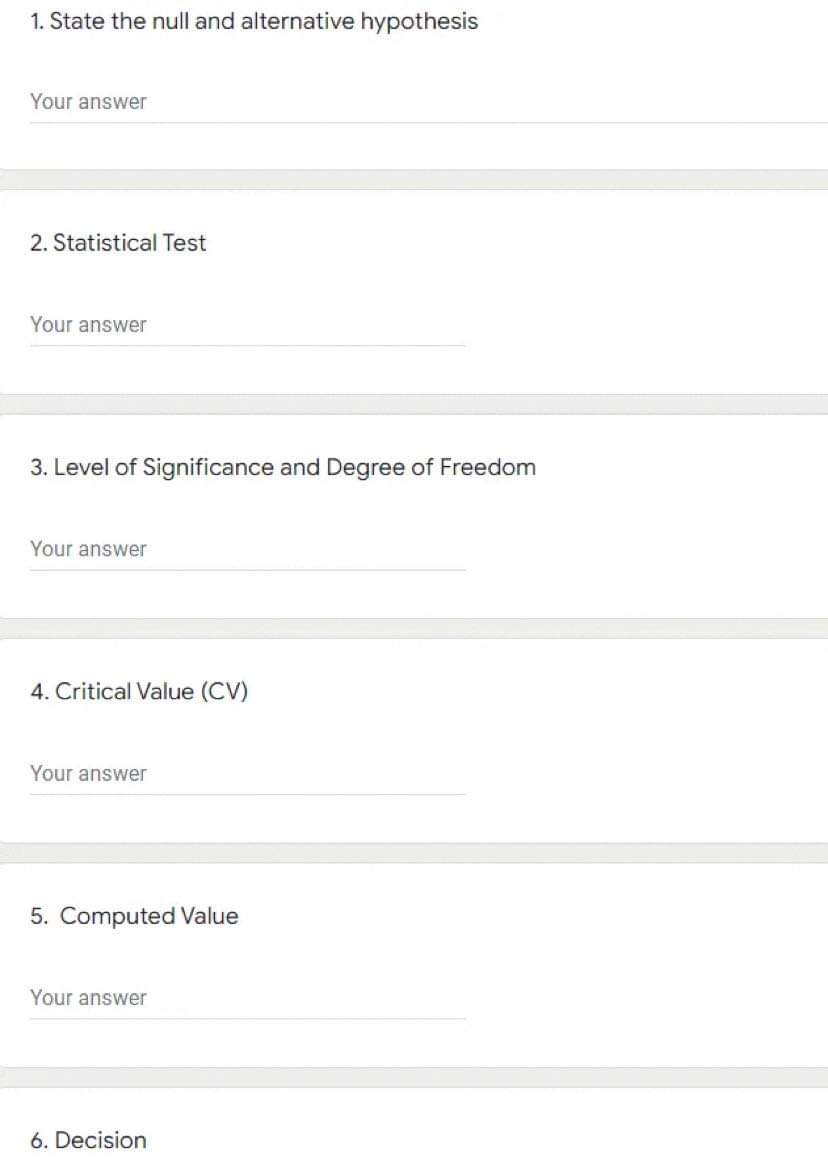  1. State the null and alternative hypothesis Your answer 2. Statistical