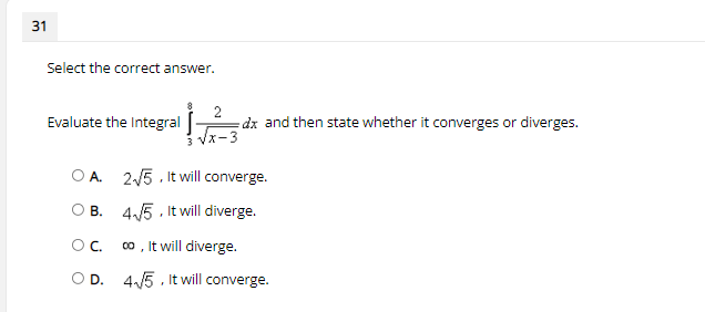 whether the p integral OX is convergent or divergent. 0 O A.