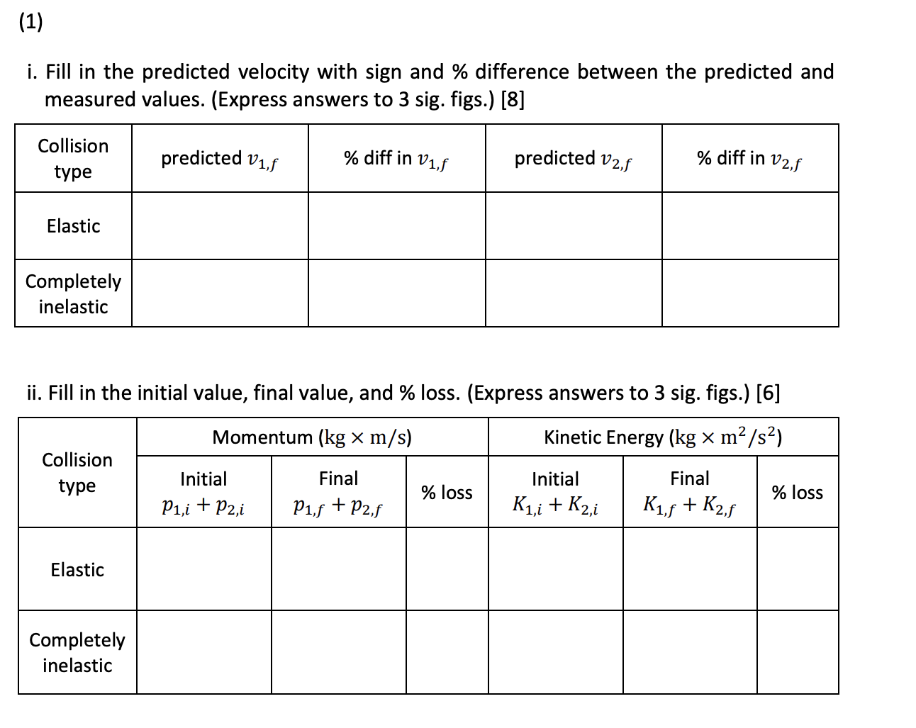 2, which is initially at rest (V2,i = 0). The velocities V1,i,