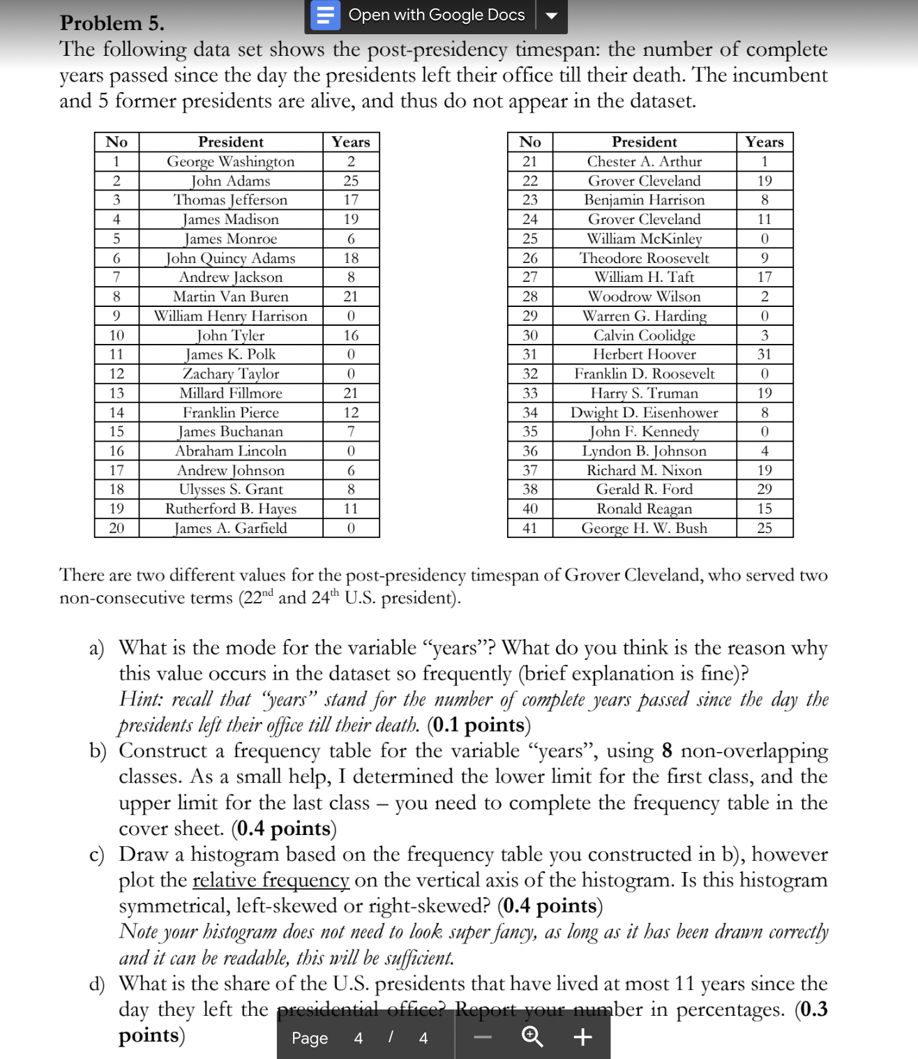  Problem 5. Open with Google Docs The following data set shows