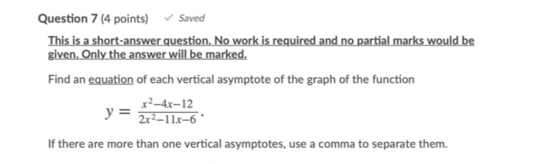Question 7 (4 points) Saved This is a short-answer question. No