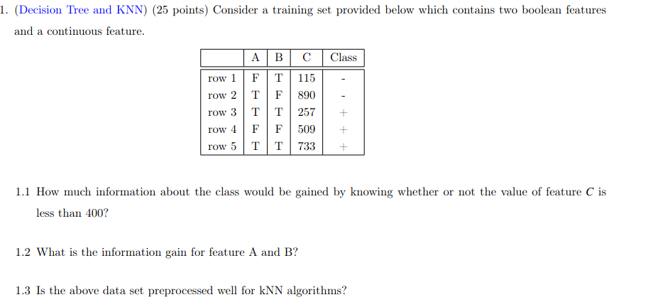 1. (Decision Tree and KNN) (25 points) Consider a training set