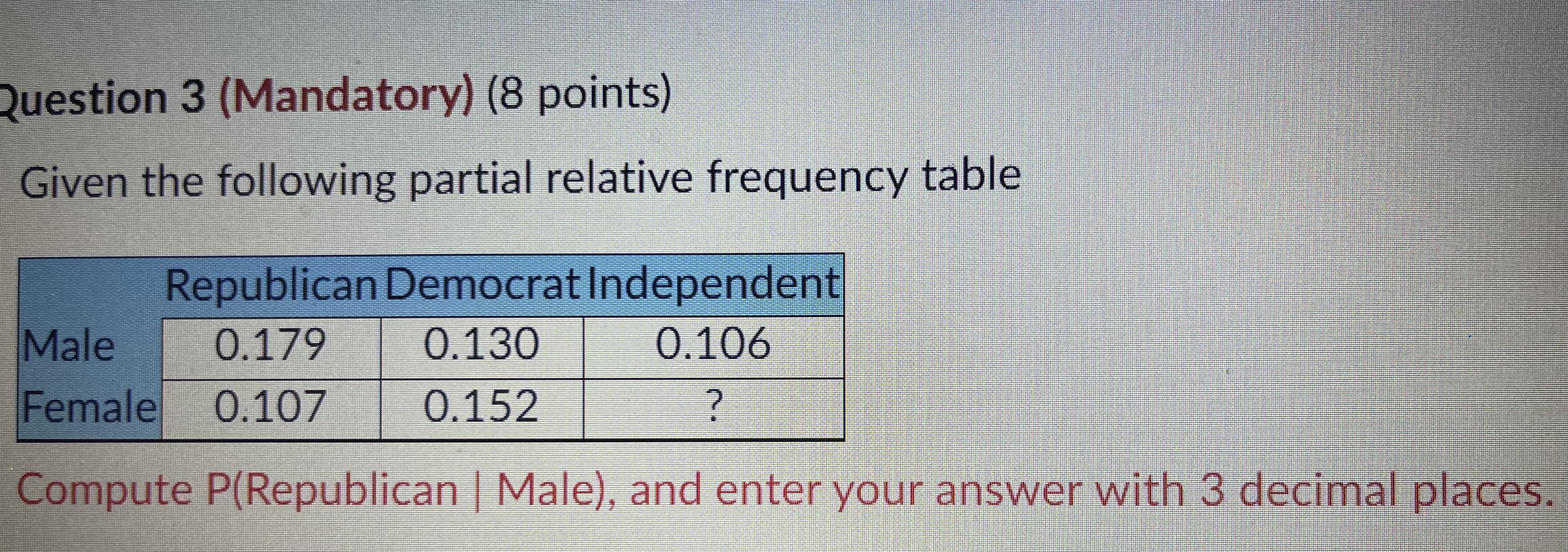  Question 3 (Mandatory) (8 points) Given the following partial relative frequency