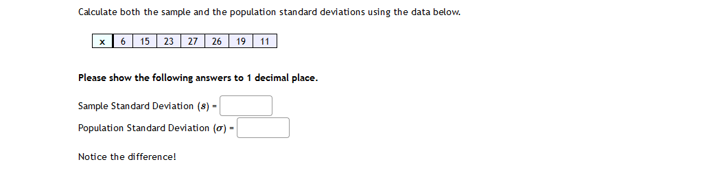  Calculate both the sample and the population standard deviations using the