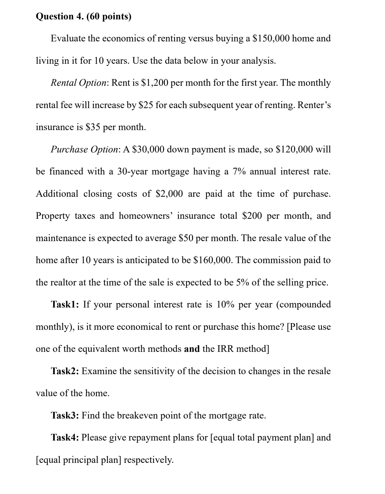 Hello can anyone make a calculation using a excel Question 4. (60