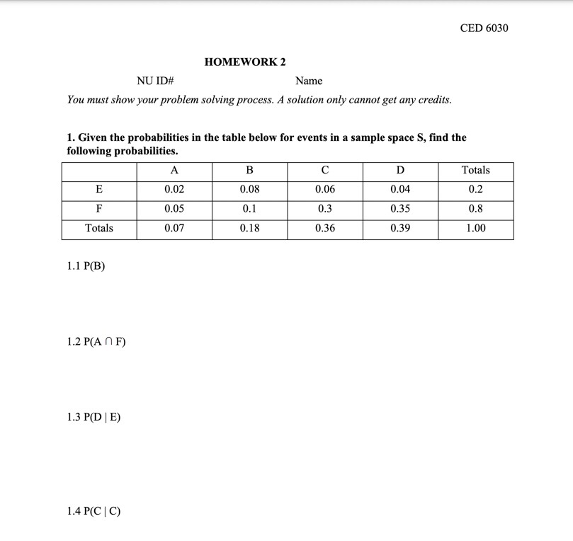 1. Given the probabilities in the table below for events in a