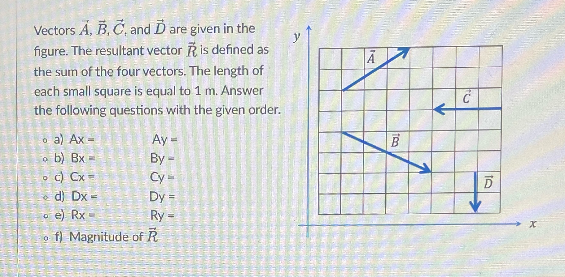 Vectors A, B, C, and D are given in the figure.