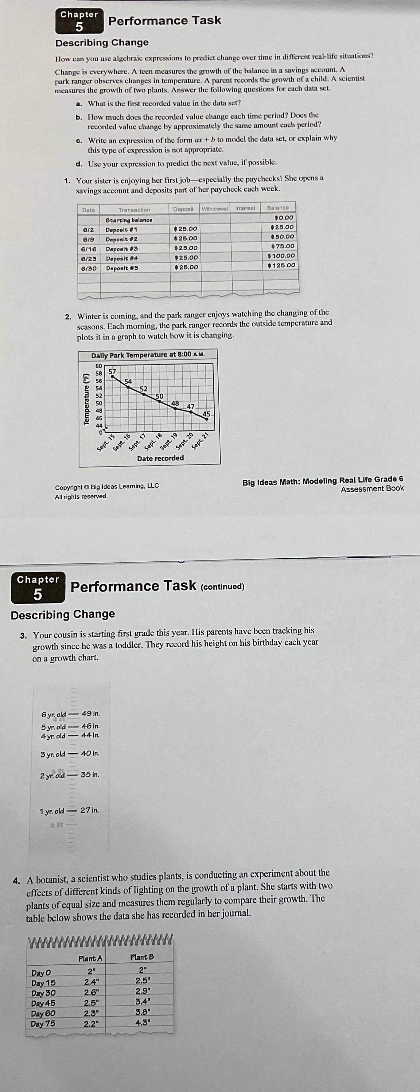  Chapter 5 Performance Task Describing Change How can you use algebraic