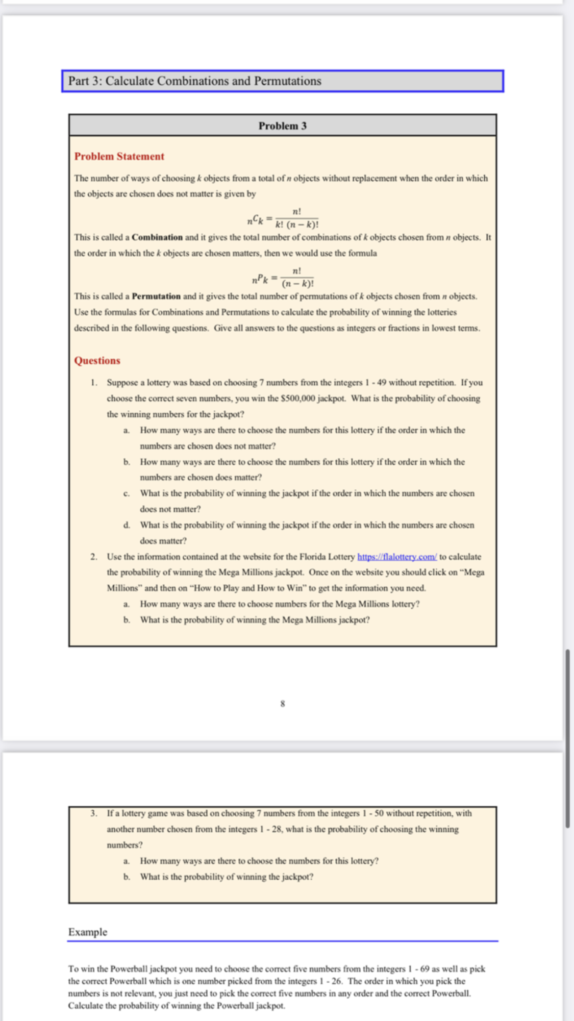  Part 3: Calculate Combinations and Permutations Problem 3 Problem Statement The