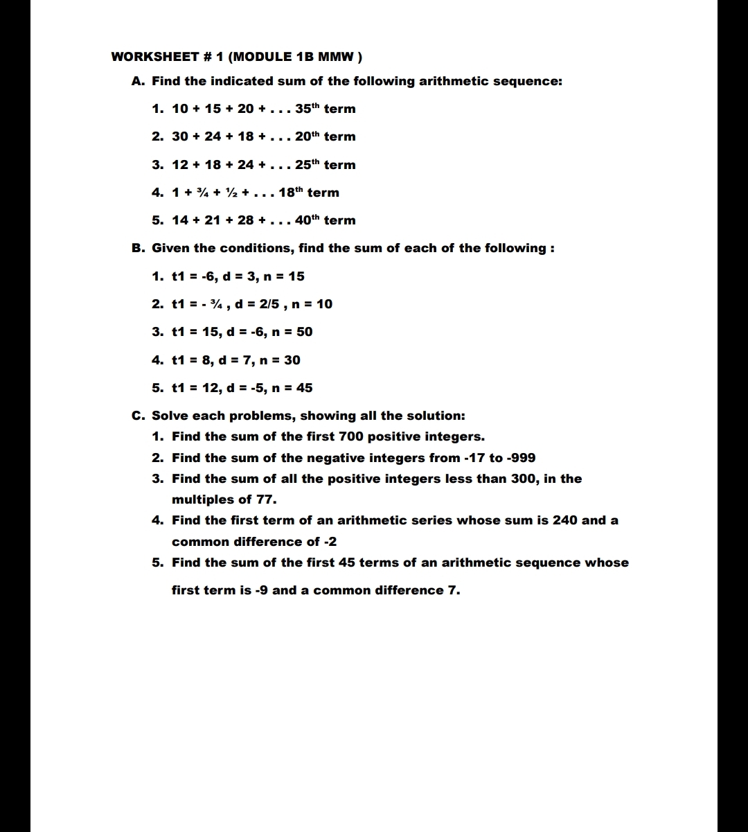 WORKSHEET # 1 {MODULE 1B MMW) A. Find the indicated sum