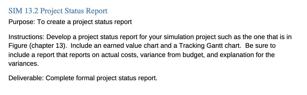  SIM 13.2 Project Status Report Purpose: To create a project status