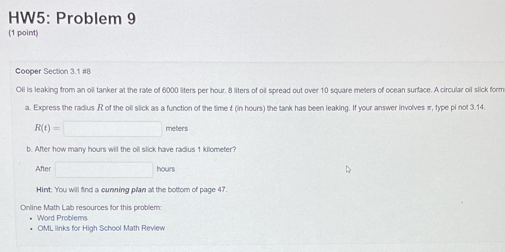 HW5: Problem 9 (1 point) Cooper Section 3.1 #8 Oil is