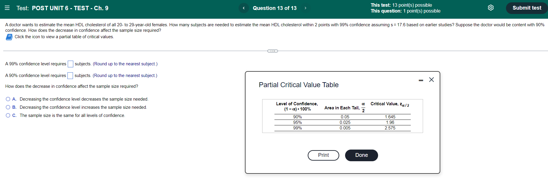 10 of 13 This test: 13 point(s) possible This question: 1 point(s)