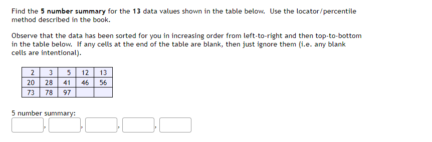 Answer the question please. Find the 5 number summary for the 13