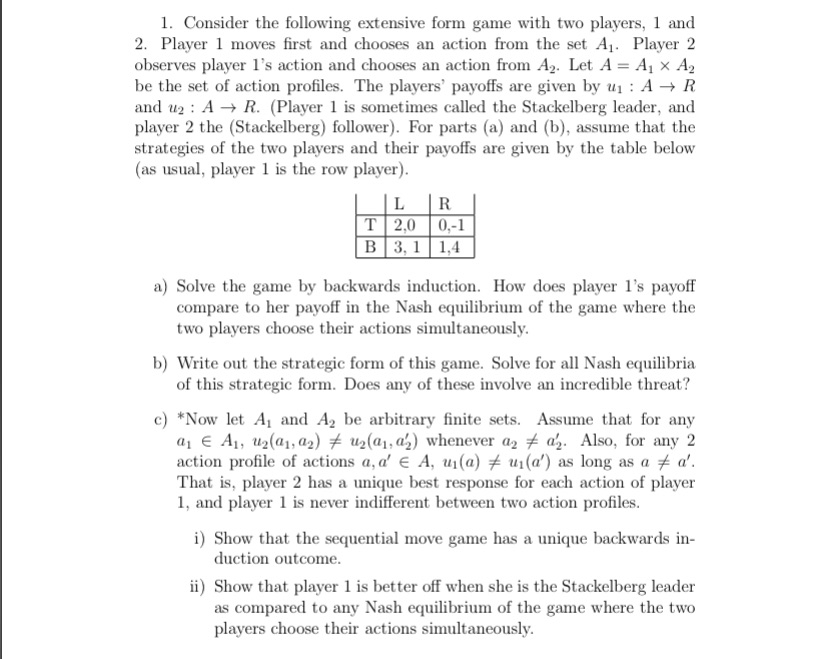 1. Consider the following extensive form game with two players, 1