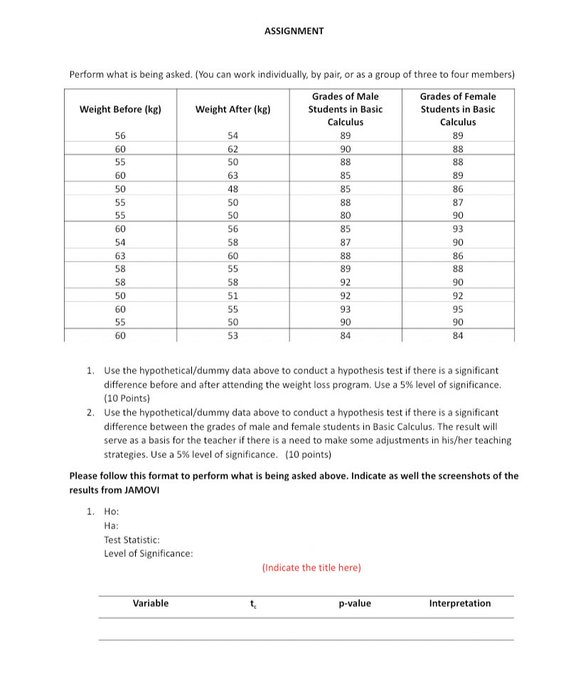  ASSIGNMENT Perform what is being asked. (You can work individually, by
