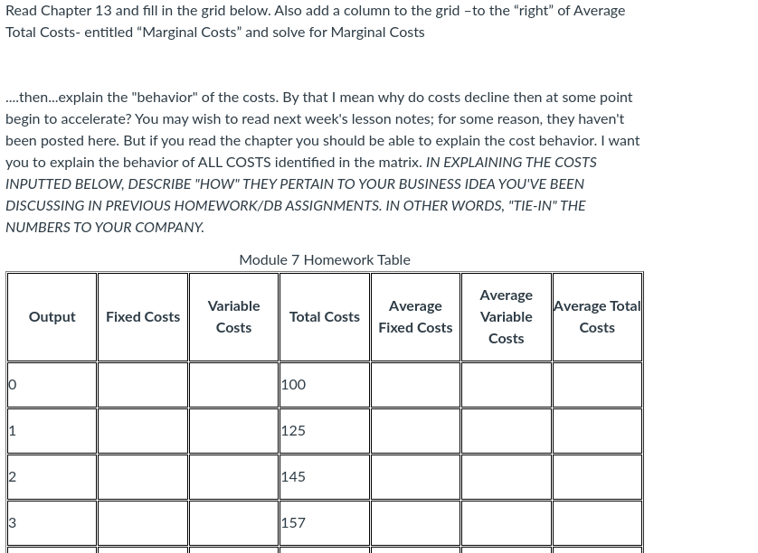 Read Chapter 13 and fill in the grid below. Also add