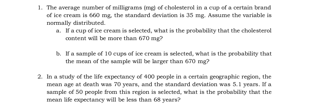 separate paper. 1. Determine the standard error of the mean for each