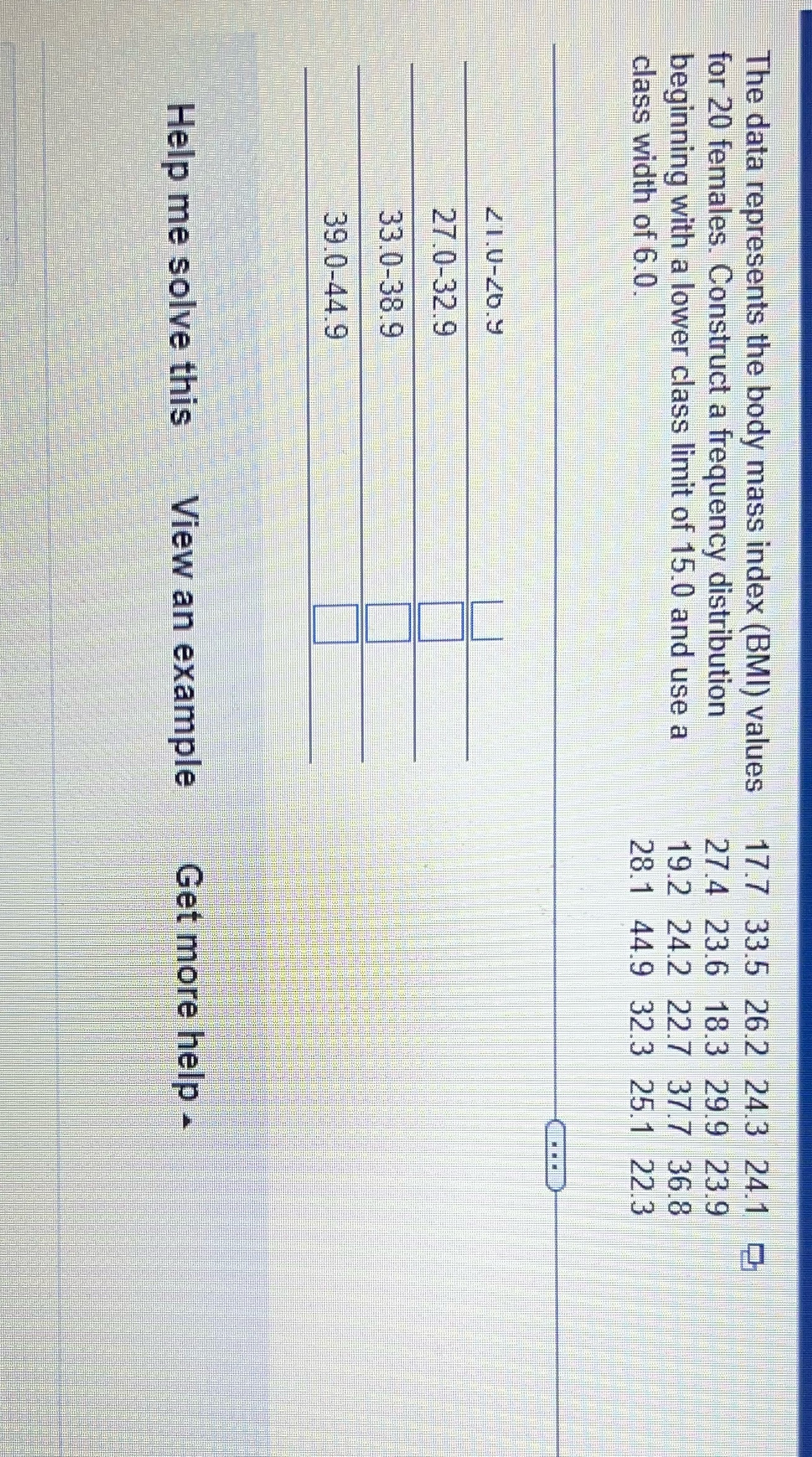  The data represents the body mass index (BMI) values 17.7 33.5