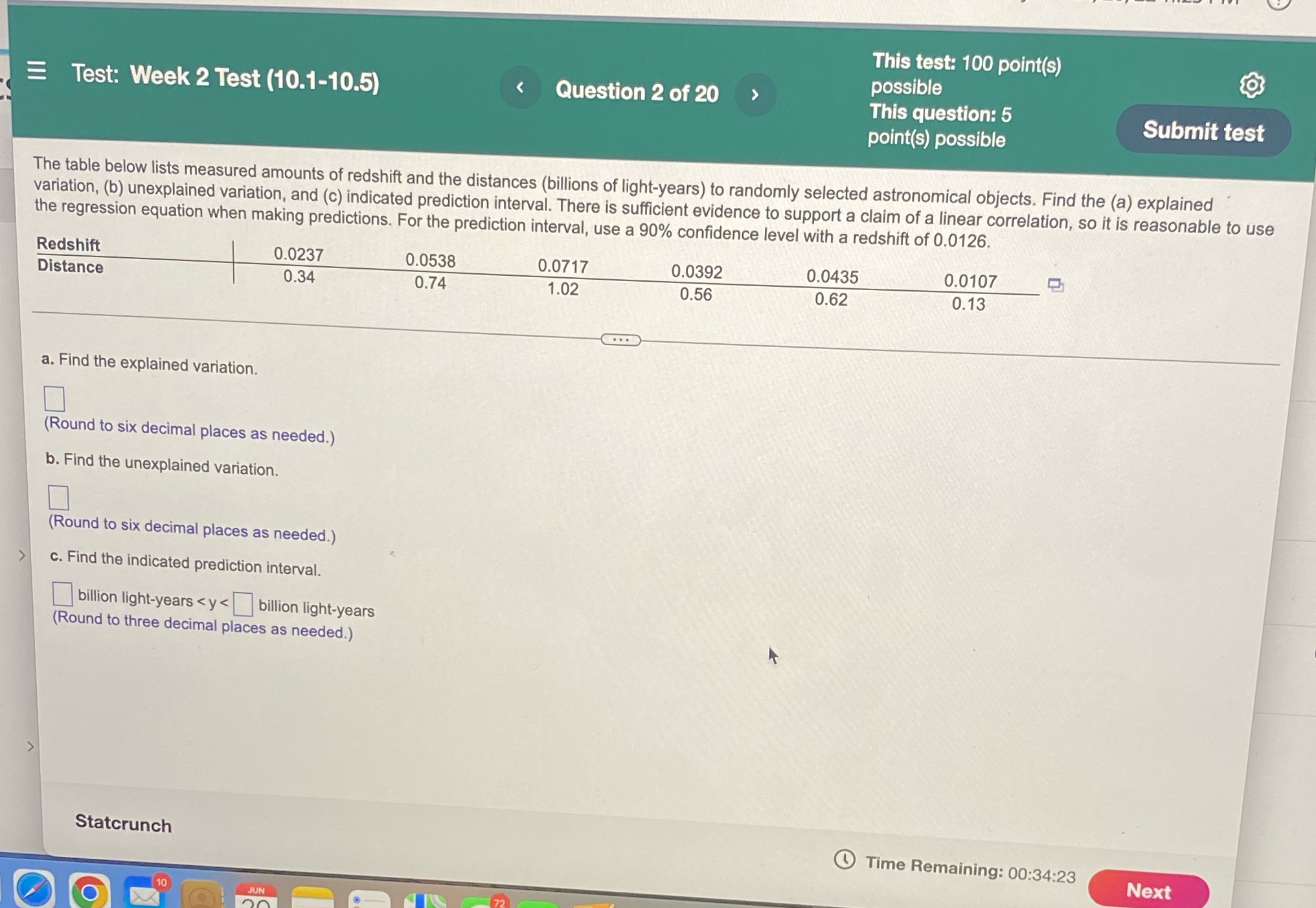  This test: 100 point(s) Test: Week 2 Test (10.1-10.5) Question 2