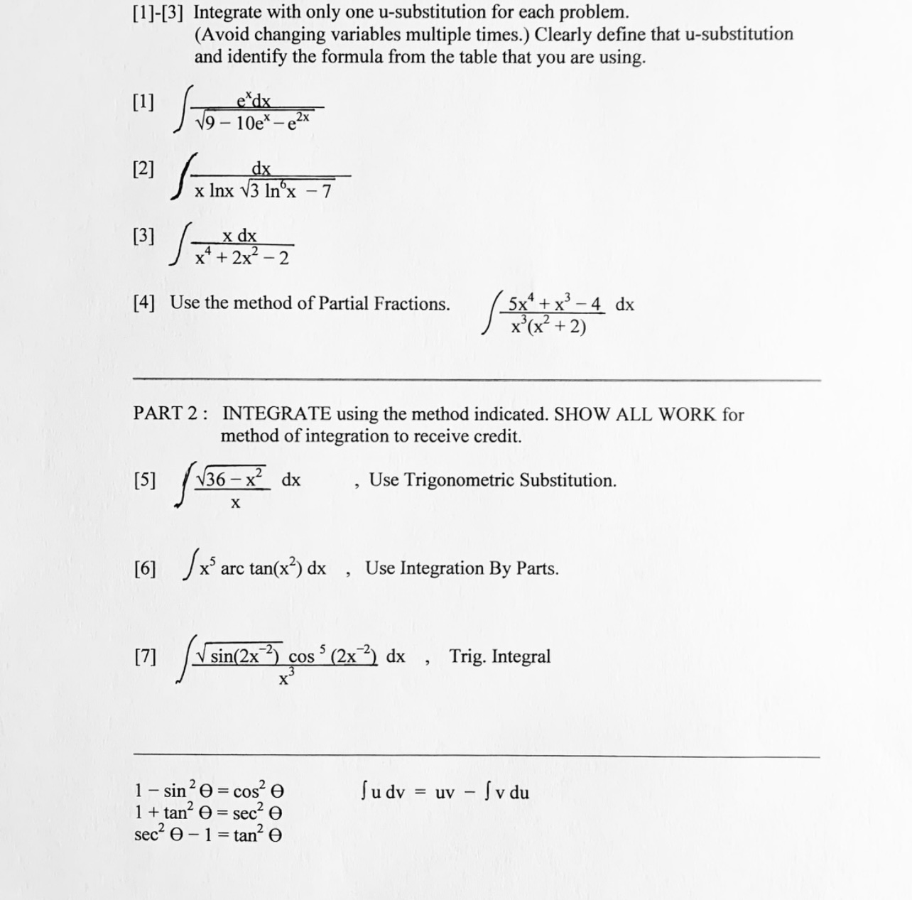  [1]-[3] Integrate with only one u-substitution for each problem. (Avoid changing