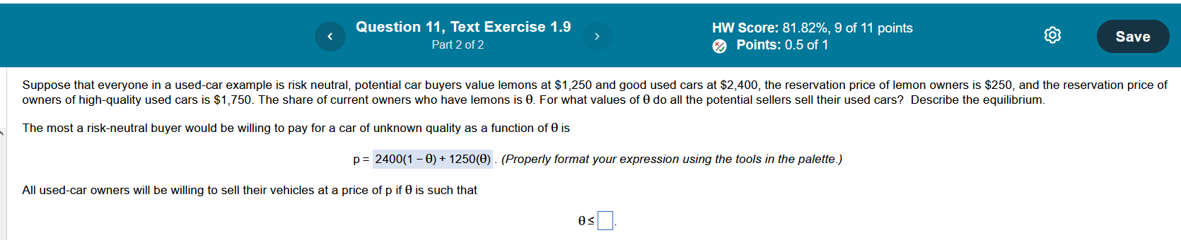 Question 11, Text Exercise 1.9 N HW Score: 81.82%, 9 of