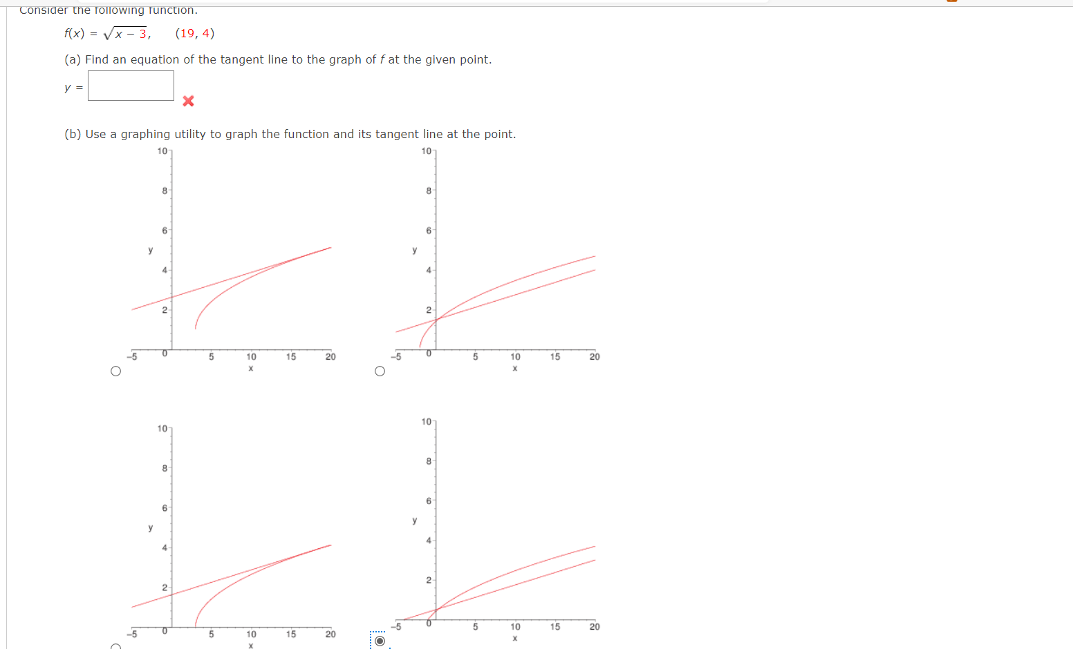 please help Consider the following function. f(x) = Vx-3, (19, 4) (a)
