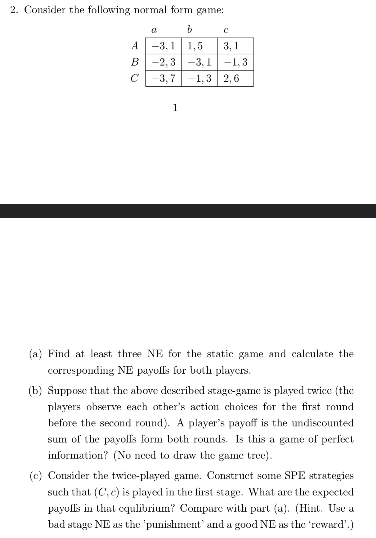 2. Consider the following normal form game: (a) (b) a b