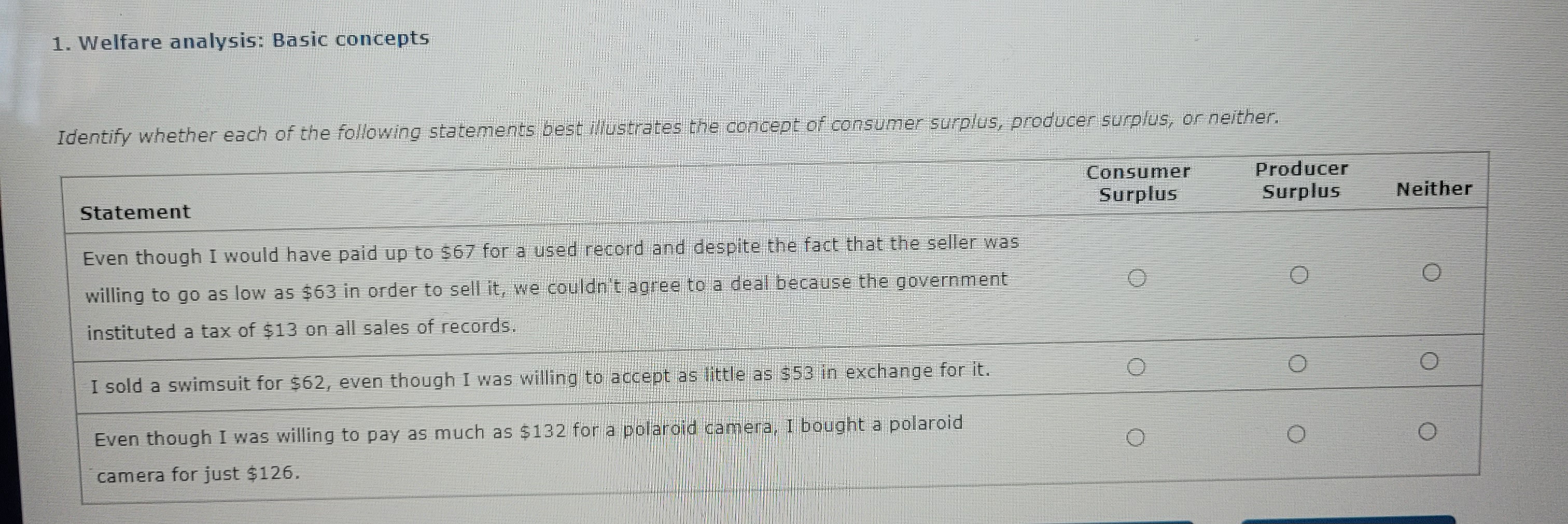 Please help with questionsQuestion 8 1. Welfare analysis: Basic concepts Identify whether