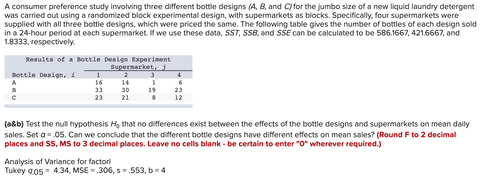  A consumer preference study involving three different bottle designs (A, B,