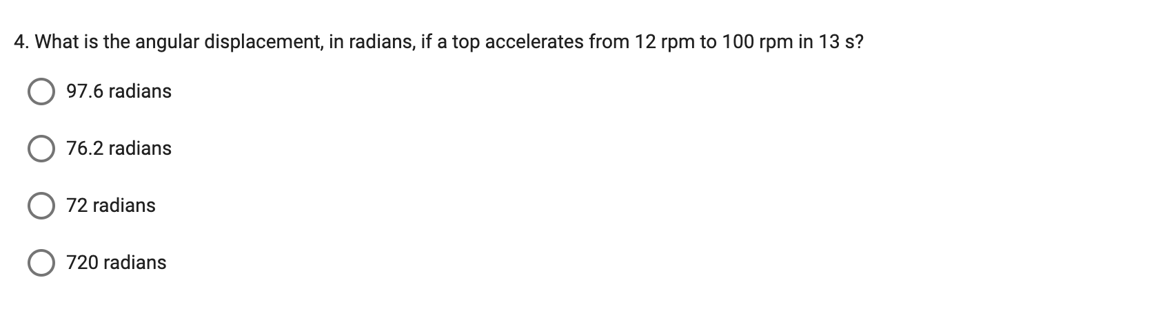 What is the angular displacement, in radians, if a top accelerates from