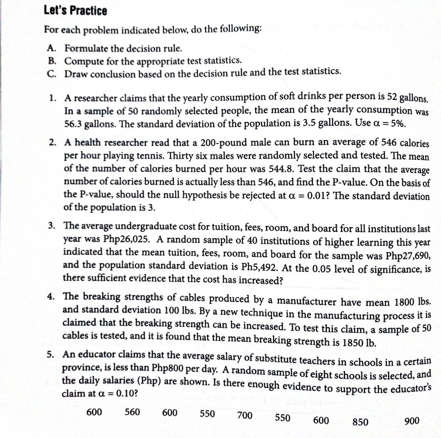Statisticstopic: computing for test statistics for population mean Let's Practice For each