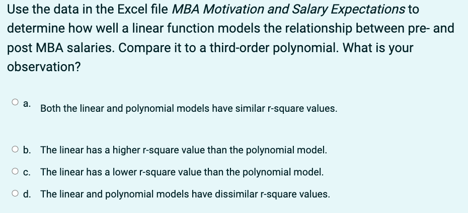 Solved very fast Use the data in the Excel file MBA Motivation