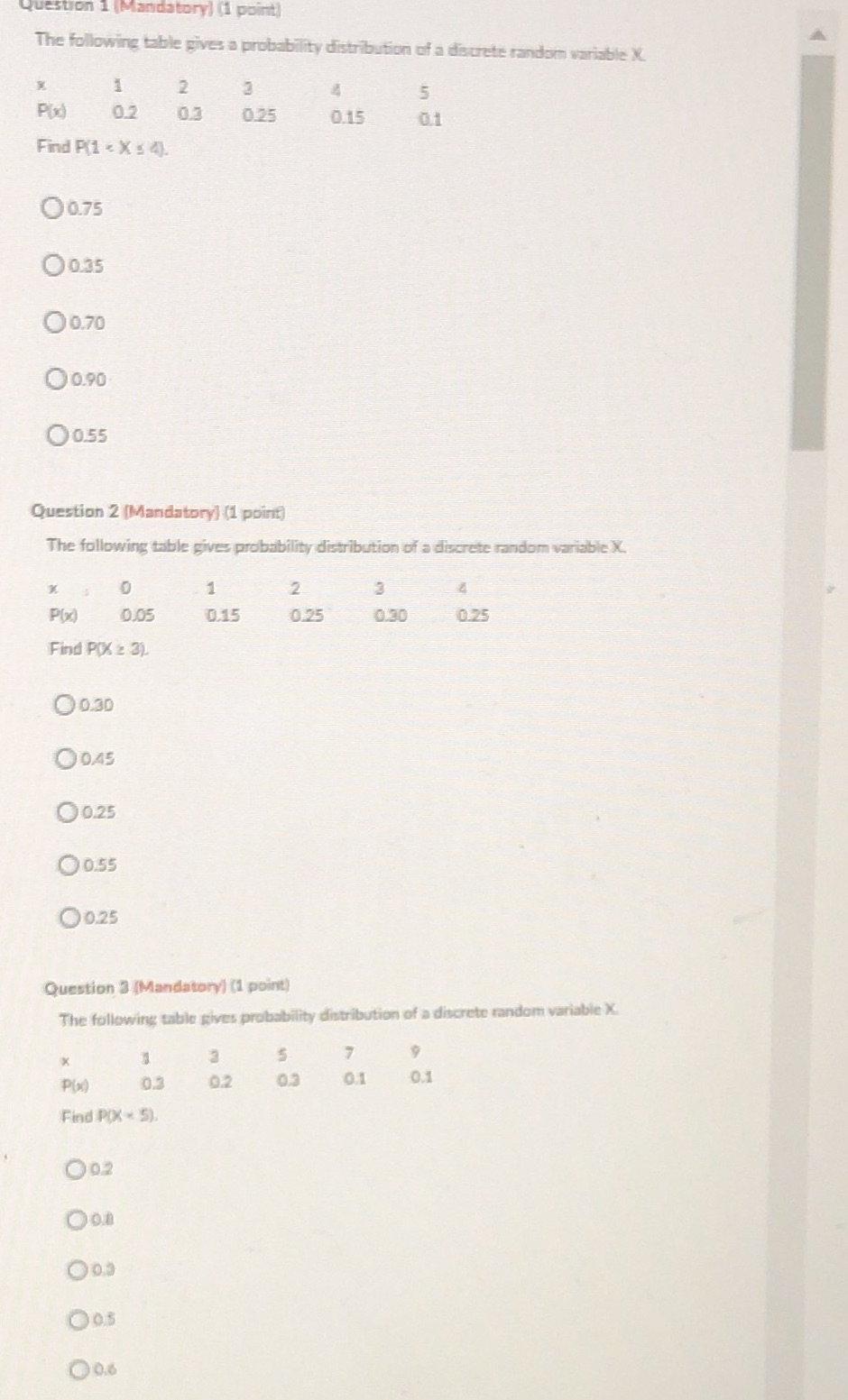  datory (1 point) The following table gives a probability distribution of