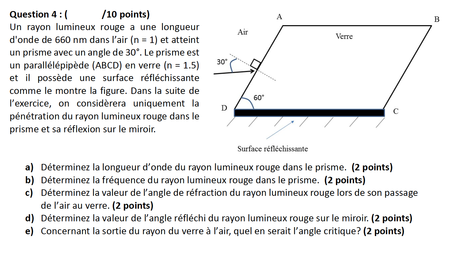 Question 4: ( /10 points) Un rayon lumineux rouge a une longueur