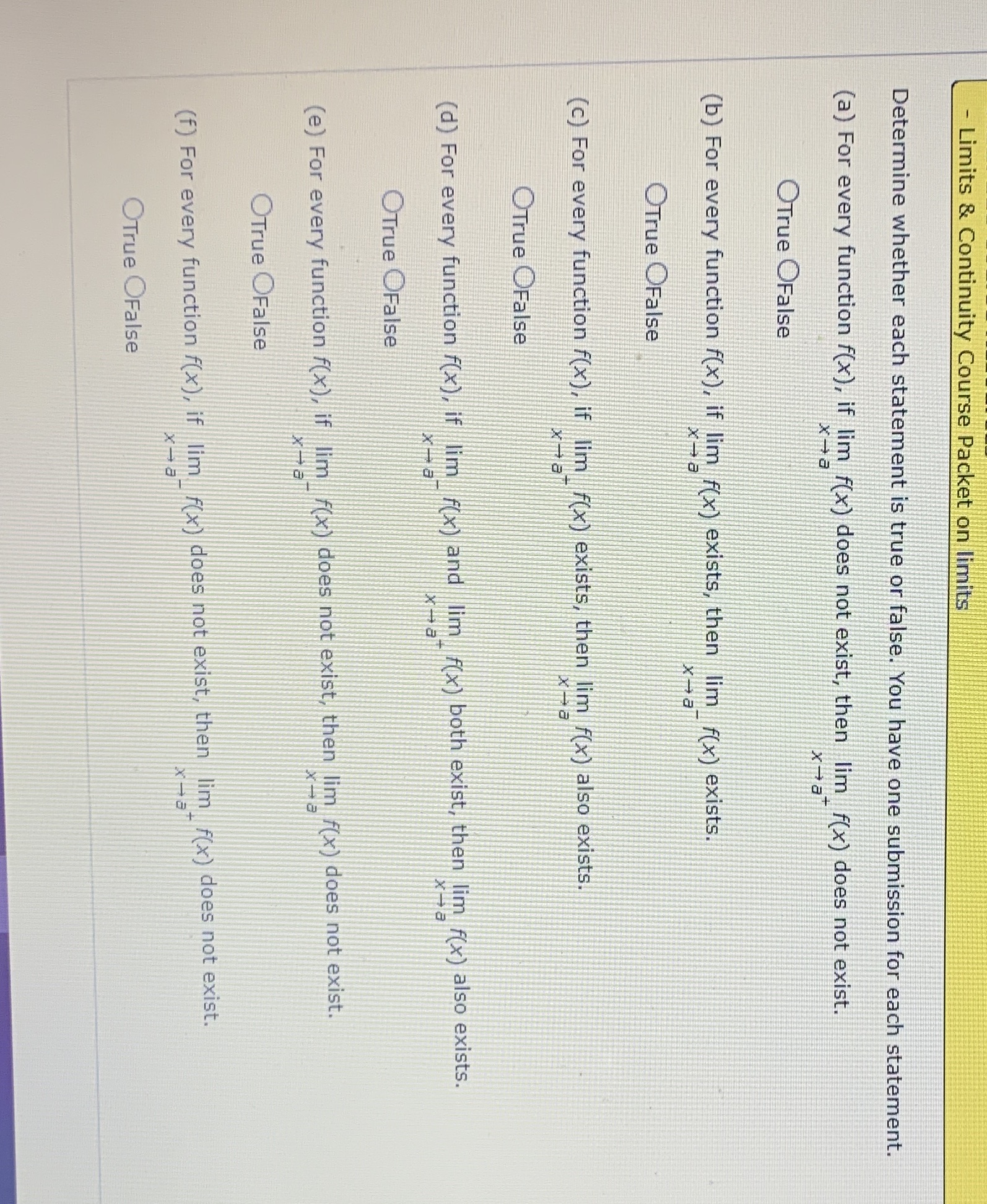 - Limits & Continuity Course Packet on limits Determine whether each