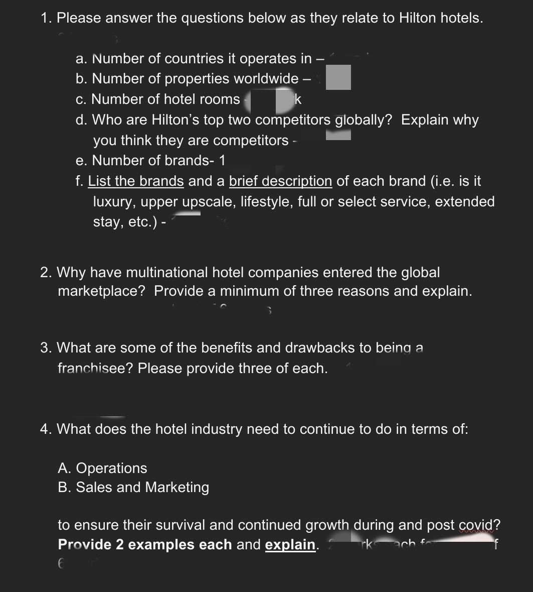answer and explanation 1. Please answer the questions below as they relate