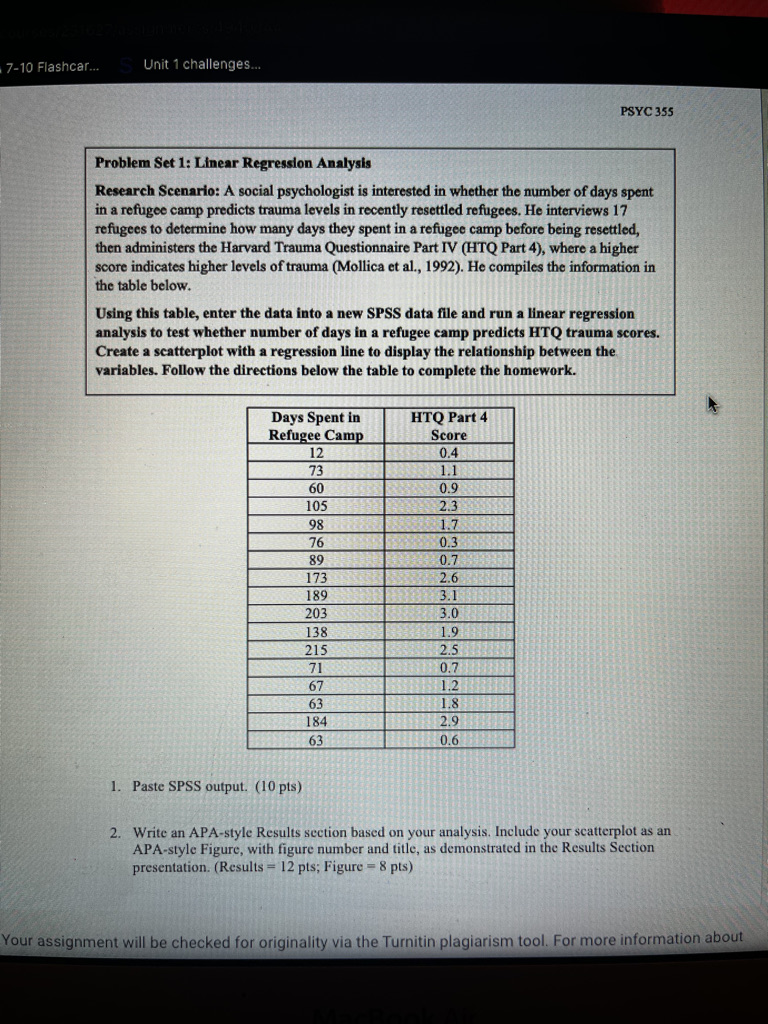  7-10 Flashcar. Unit 1 challenges. PSYC 355 Problem Set 1: Linear