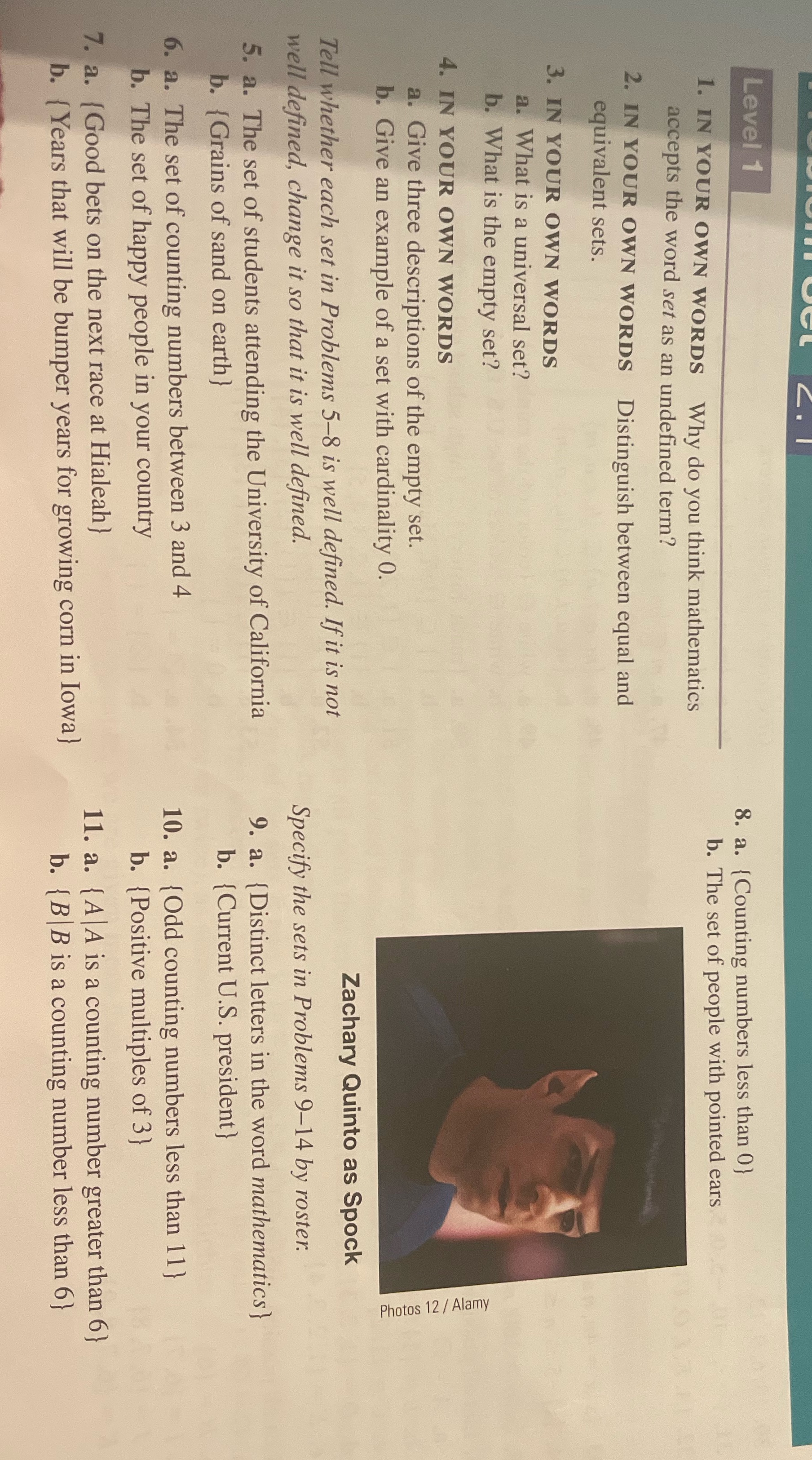 3-11 Level 1 8. a. { Counting numbers less than 0} 1.