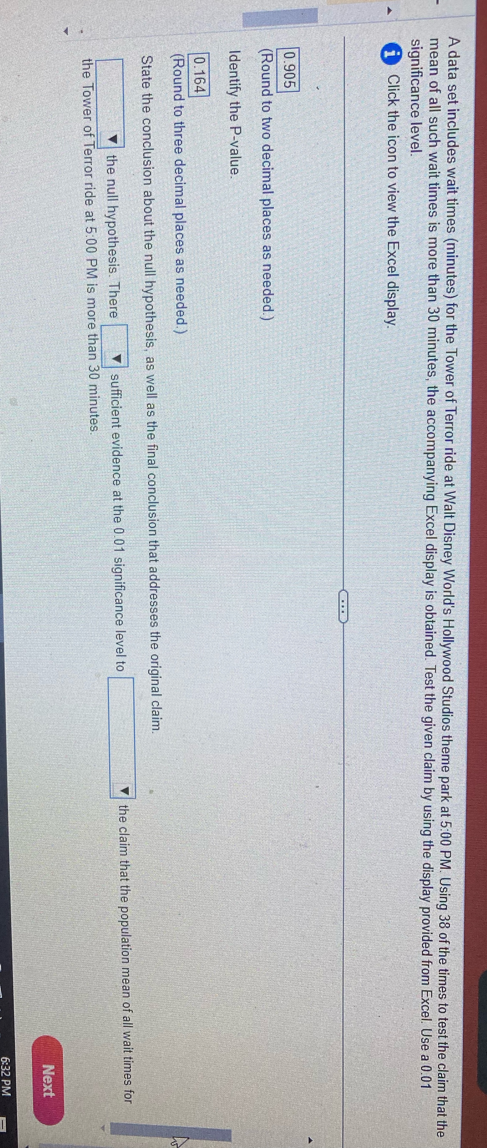 A data set includes wait times (minutes) for the Tower of