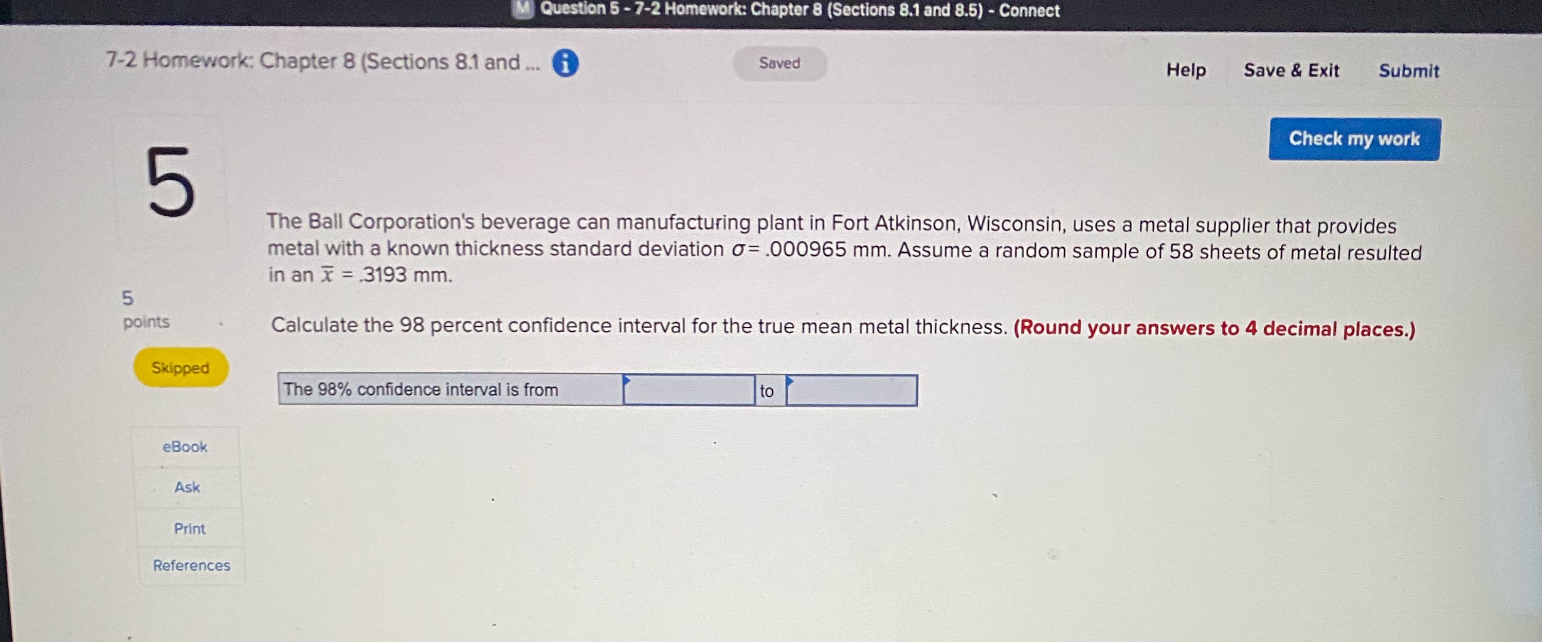  M Question 5 - 7-2 Homework: Chapter 8 (Sections 8.1 and
