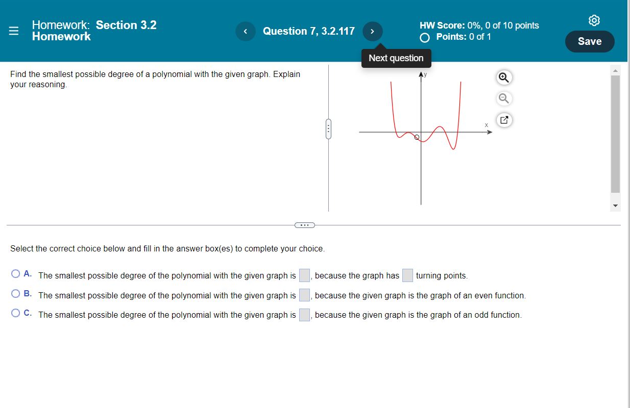 Save Next question Find the polynomial with a leading coefficient of either