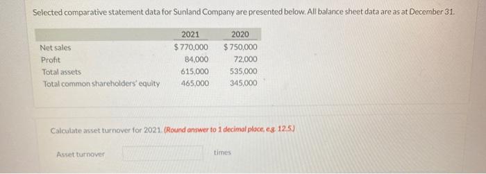 Selected comparative statement data for Sunland Company are presented below. All balance