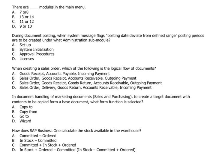 There are modules in the main menu. A. 7 or8 B. 13