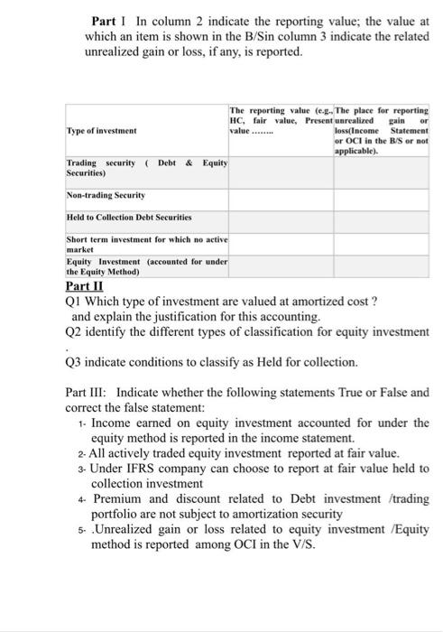 Part I In column 2 indicate the reporting value; the value at