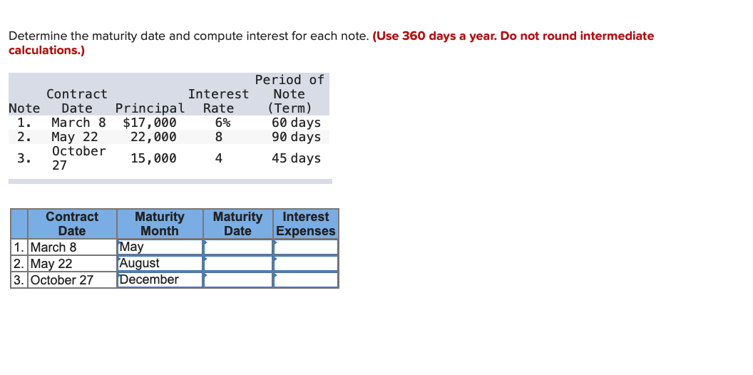 Determine the maturity date and compute interest for each note. (Use 360