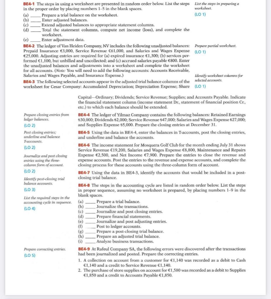 BE4-1 The steps in using a worksheet are presented in random order