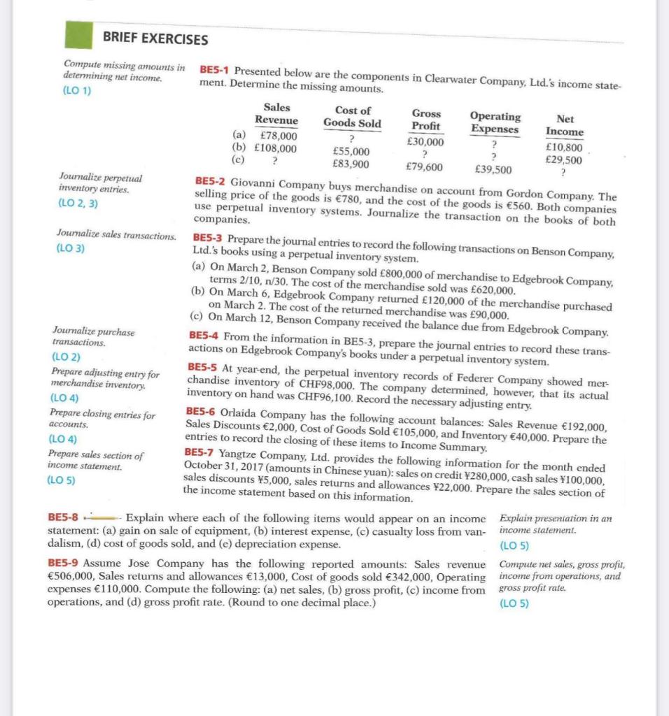 BRIEF EXERCISES Compute missing amounts in BE5-1 Presented below are the components