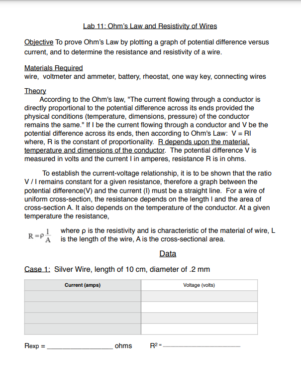 I ah 11: Ohm's I aw and Resistivity of Wires Qbjectiye To